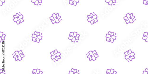 Seamless Purple Gift Box Pattern. Cartoon gift box icons in flat style. Seamless purple pattern on light background.