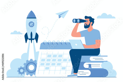 Man with spyglass gazes at launching rocket symbolizing business growth future innovation startup success transparent background