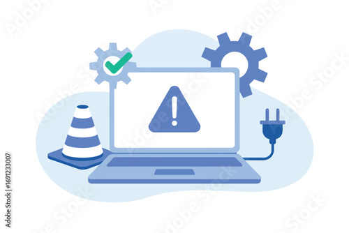 Computer error alert and technical support icons representing system failure and repair services transparent background