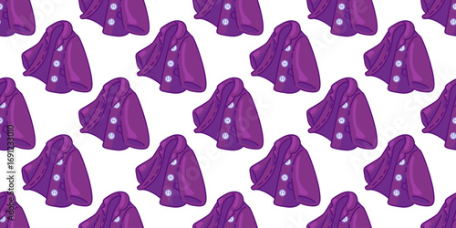 Seamless Purple Coat Pattern. Purple coat with buttons in cartoon flat style. Seamless stylish illustration on light background.