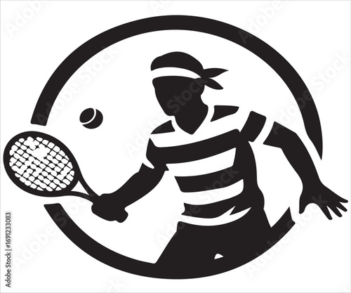 Silhouette of tennis player with racket vector illustration representing sport action, athlete hitting ball, competition, training, match play, fitness, exercise, and professional athletic design