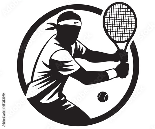 Black silhouette of tennis player with racket vector illustration