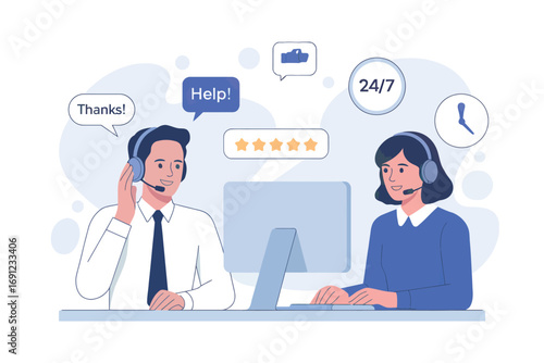 Customer support team providing assistance through online communication and helpdesk services transparent background