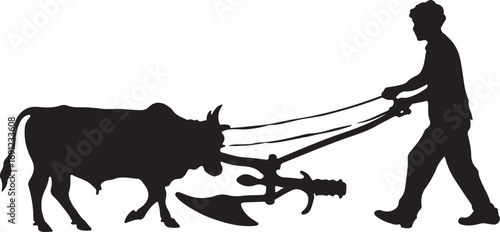 Silhouette of a man plowing a field with a bull and a plow farming