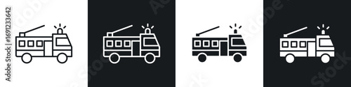 Fire truck icons in solid and stroke graphics