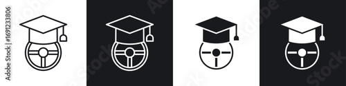 Driving school icons in solid and stroke graphics