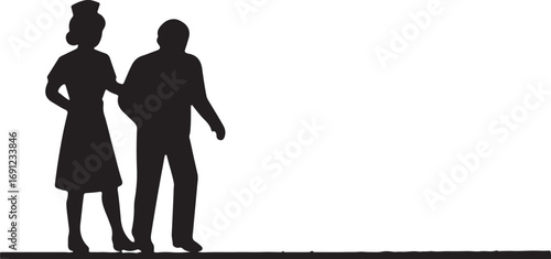 Silhouette of a nurse assisting an elderly man walking together assistance