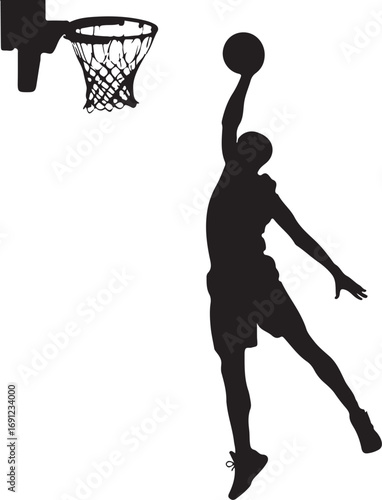 Black silhouette of a basketball player dunking a ball into a net slam dunk