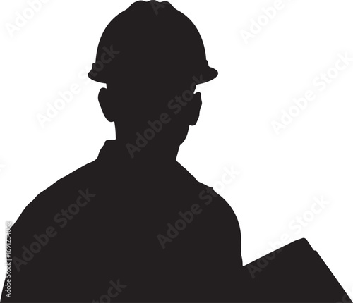 Black silhouette of a construction worker wearing a hard hat holding blueprints vector