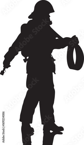 Black silhouette of a firefighter holding a hose and nozzle black and white