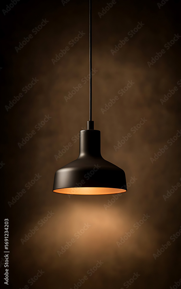 Obraz premium A minimalist black pendant light hangs from the ceiling, casting a warm, inviting glow against a neutral backdrop, illuminating the space.