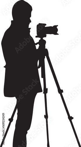 Black silhouette of a person holding a camera on a tripod vector