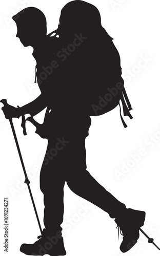 Black silhouette of a person hiking with a large backpack and trekking poles hiker
