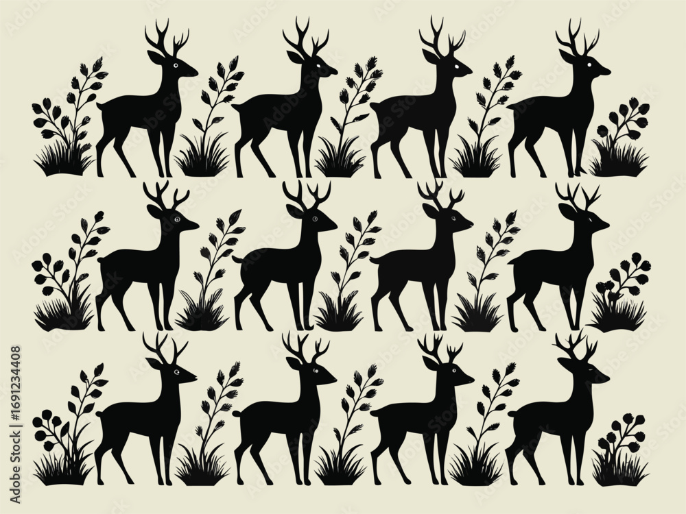 Fototapeta premium Deer and Foliage Pattern in Black Silhouette repeating