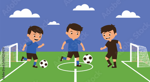 Children enjoy a lively game of soccer on a green field with goals, capturing the spirit of youthful athleticism and outdoor fun