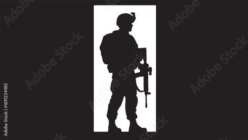 Black silhouette of a soldier in full gear holding a rifle soldier silhouette military