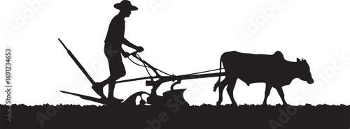 Silhouette of a farmer with a hat plowing a field with a bull and a plow vector