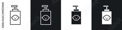 Baby shampoo icons in solid and stroke graphics