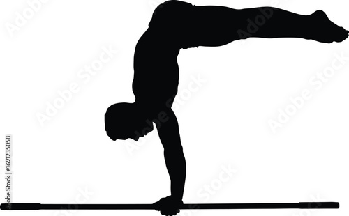 Gymnastics silhouette of a male athlete performing a handstand on a horizontal bar demonstrating strength and balance with white background