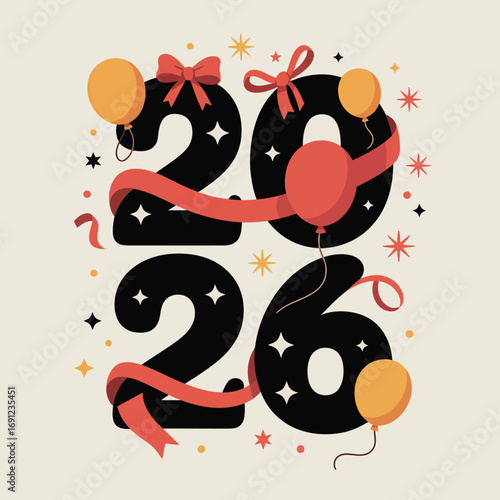 Celebrate the arrival of 2026 with festive balloons ribbons and sparkles new year design