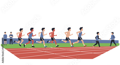 Illustration of a track and field race featuring runners competing on a red track during an athletic event