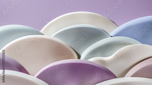 Pastel Ceramic Plates Array in Soft Colors on Light Purple Background