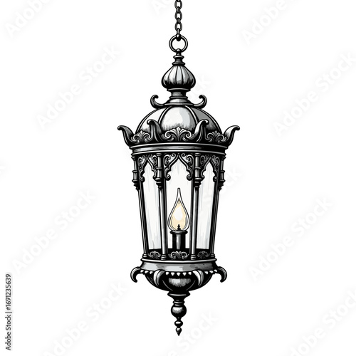 Black and white vintage lantern with candlelight in Halloween gothic style