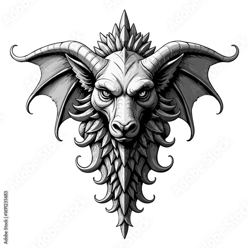Black and white demonic goat head with horns in horror Halloween style