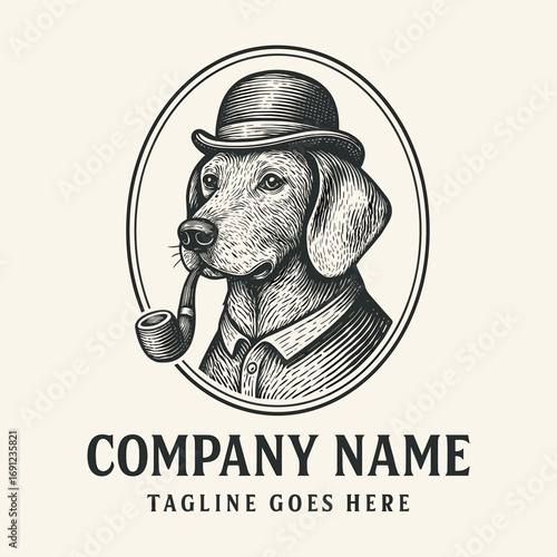 Dog logo engraving with hat and pipe vintage vector illustration