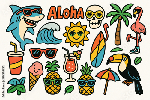 Collection of colorful cartoon tropical and summer-themed stickers with playful doodle-style illustrations on white background