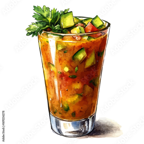 Gazpacho, watercolor drawing vector, isolated on a white background.