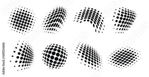 Abstract halftone dot pattern with wavy gradient shapes, dotted texture curves, and smooth dot wave elements, including organic deformations and geometric twists. Dotted shapes vector set.