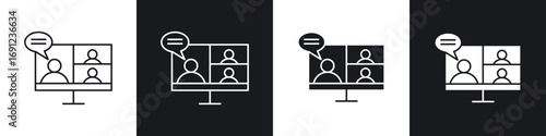 Online meeting icons in solid and stroke graphics