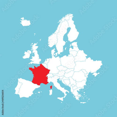 Europe map. Vector Europe map with France highlighted in red, isolated on blue background.