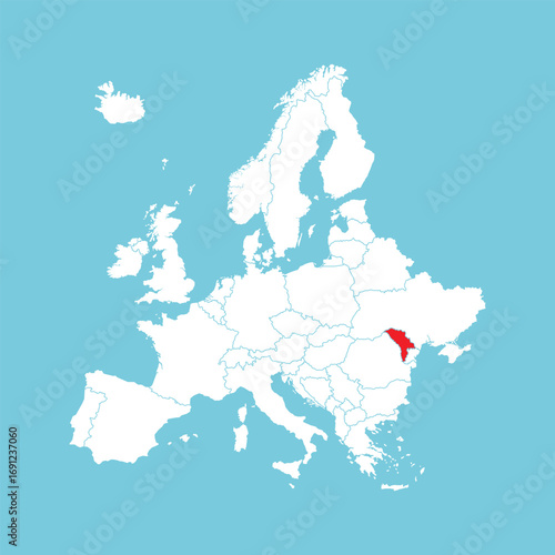 Europe map. Vector Europe map with Moldova highlighted in red, isolated on blue background.