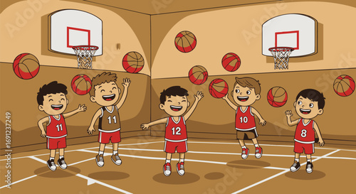 Basketball Buddies A Playful Cartoon Depiction of a Team Celebrating Victory on the Court