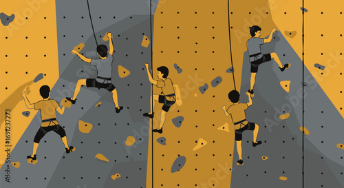 Illustration of Climbers Ascending a Rock Wall with Various Handholds and Safety Harnesses