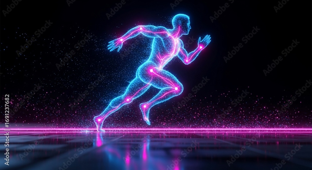 Fototapeta premium Neon Particle Runner: Dynamic Human Anatomy in Motion