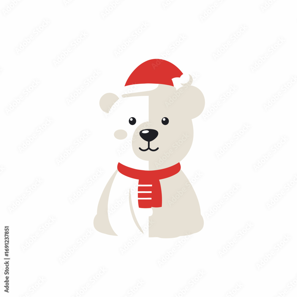 Cartoon Polar Bear with Santa Hat and Scarf Illustration