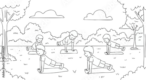 Line Art People Doing Push-Ups in a Park Setting