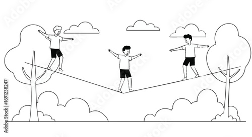 Three People Balancing on a Tightrope in a Park Teamwork and Balance Concept