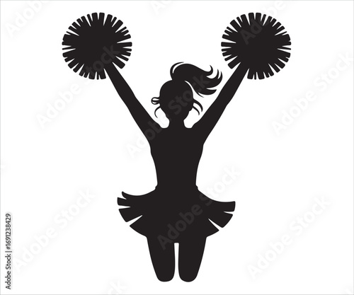 Black silhouette of cheerleader girl jumping with pom poms vector