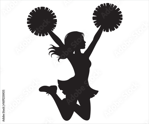 Silhouette of cheerleader girl jumping with pom poms vector illustration representing sports spirit, team support, dance performance, energy, celebration, and athletic entertainment design