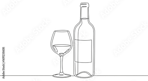Minimal single line sketch of a wine glass with bottle, continuous abstract line art, white background