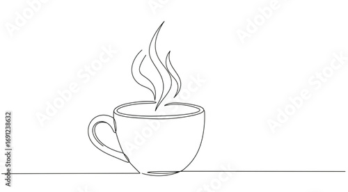 Continuous line art of a coffee cup with steam, minimal abstract line drawing, white background