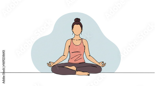 One line drawing of a meditating person in yoga pose, minimal abstract line art, white background