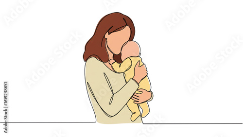continuous single line art of a mother holding baby, minimal abstract line drawing, white background