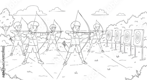 Archery Practice Young Archers Aiming at Targets in an Outdoor Field