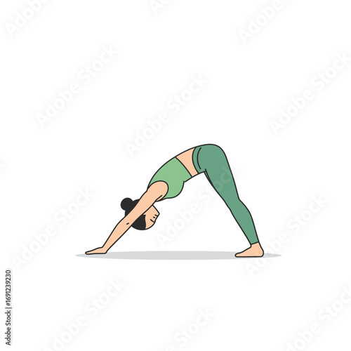Woman practices downwardfacing dog yoga pose on white mat in minimalist style, promoting wellness and flexibility through mindful movement.