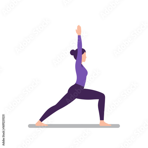 Woman practices warrior one yoga pose on mat in studio for wellness and flexibility, promoting healthy lifestyle and inner peace.